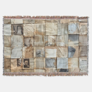 Rustic Vintage Newspaper Patchwork Collage (12) Throw Blanket