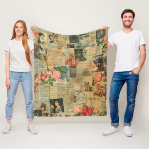 Rustic Vintage Newspaper Patchwork Collage (2) Fleece Blanket