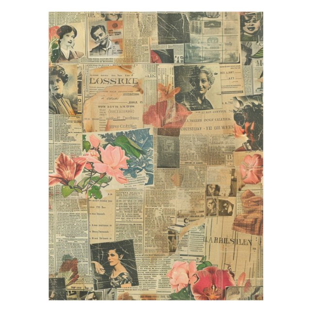 Rustic Vintage Newspaper Patchwork Collage (2) Tablecloth (Front)