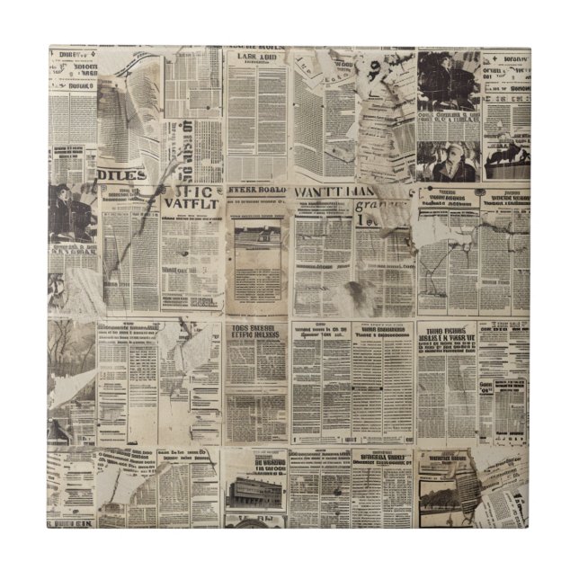 Rustic Vintage Newspaper Patchwork Collage (2) Tile (Front)