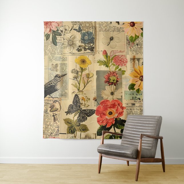 Rustic Vintage Newspaper Patchwork Collage (3) Tapestry (In Situ)