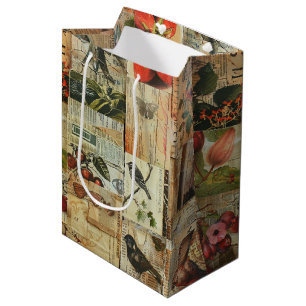 Rustic Vintage Newspaper Patchwork Collage (4) Medium Gift Bag