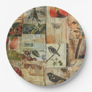 Rustic Vintage Newspaper Patchwork Collage (4) Paper Plate