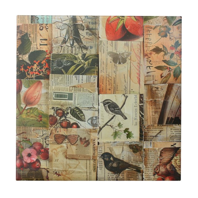 Rustic Vintage Newspaper Patchwork Collage (4) Tile (Front)