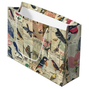 Rustic Vintage Newspaper Patchwork Collage (5) Large Gift Bag