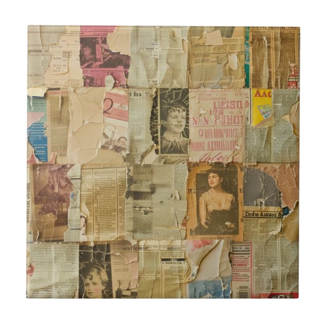 Rustic Vintage Newspaper Patchwork Collage (6) Tile (Front)
