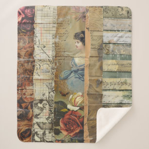 Rustic Vintage Newspaper Patchwork Collage (9) Sherpa Blanket
