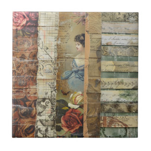 Rustic Vintage Newspaper Patchwork Collage (9) Tile