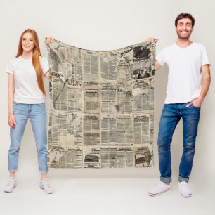 Rustic Vintage Newspaper Patchwork Collage Fleece Blanket
