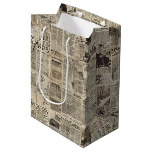 Rustic Vintage Newspaper Patchwork Collage Medium Gift Bag