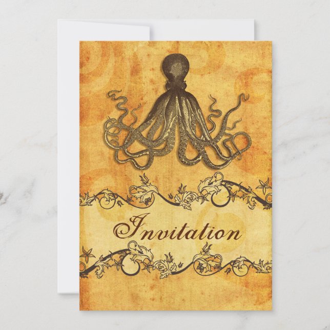 rustic, vintage ,octopus beach wedding invites (Front)
