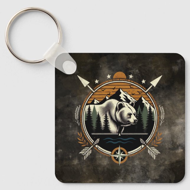 Rustic, vintage outdoorsman bear mountain key ring (Front)
