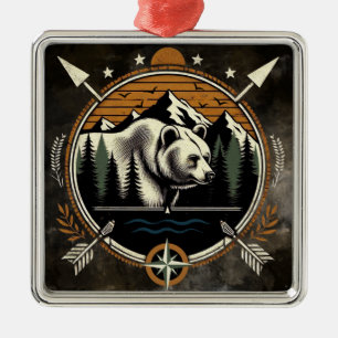 Rustic, vintage outdoorsman bear mountain metal tree decoration