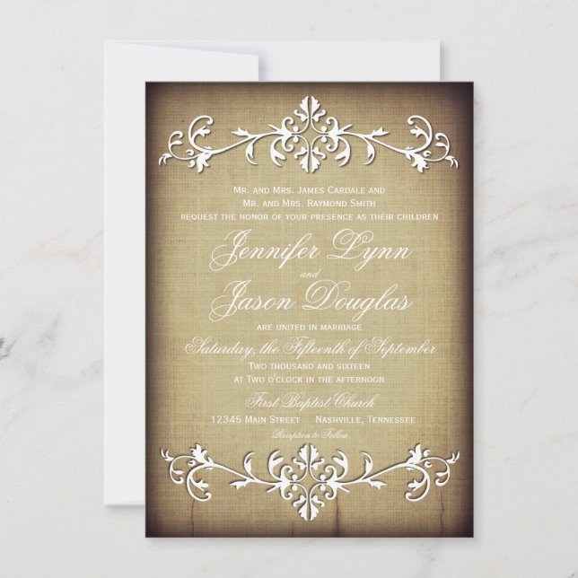 Rustic Vintage Paper Flourish Wedding Invitations (Front)