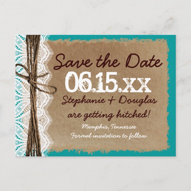 Rustic Vintage Paper Teal Save the Date Postcards (Front)