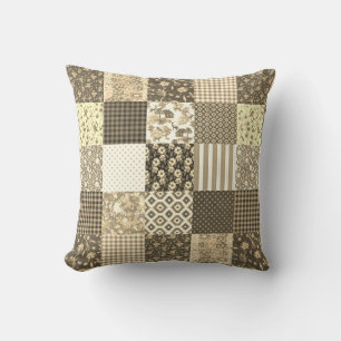 Rustic Vintage Patchwork Beige Brown Quilt Pattern Cushion