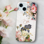Rustic Vintage Personalised Roses & Iris  iPhone 15 Case<br><div class="desc">Beautiful,  timeless and elegant sprays of artistic pink and white roses,  peonies and purple bearded iris with delicate foliage. Includes an editable text field for your personalisation and lightly distressed antique white texture background.</div>