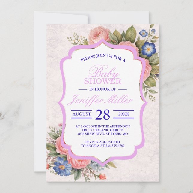 Rustic Vintage Personalized Floral Rose Design     Invitation (Front)