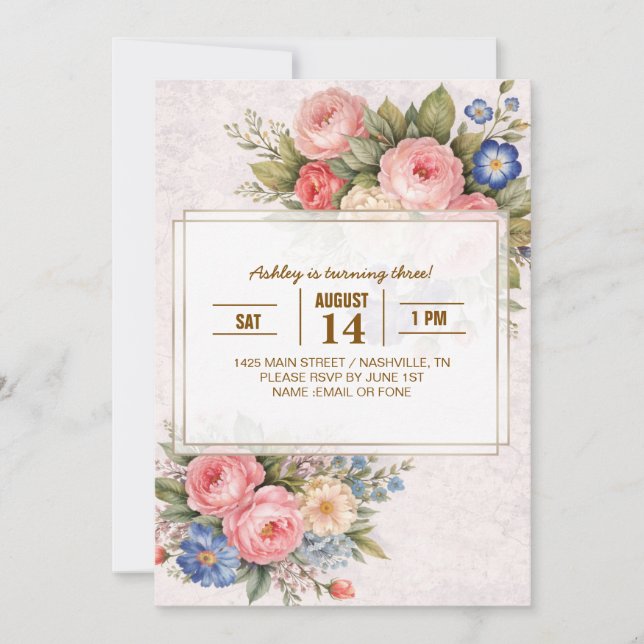 Rustic Vintage Personalized Floral Rose Design     Invitation (Front)