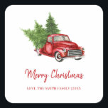 Rustic Vintage Pine Tree Red Truck Merry Christmas Square Sticker<br><div class="desc">Modern and elegant design Rustic Vintage Pine Tree Red Truck Merry Christmas Sticker that can be customised with your text. Personalise it with your family name and your christmas date, or include a special message! Please click the "Customise it" button and use our design tool to modify this template. Check...</div>