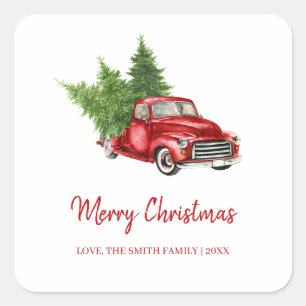 Rustic Vintage Pine Tree Red Truck Merry Christmas Square Sticker