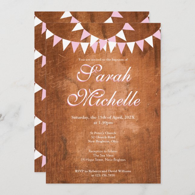 Rustic Vintage Pink Bunting Baptism Christening Invitation (Front/Back)