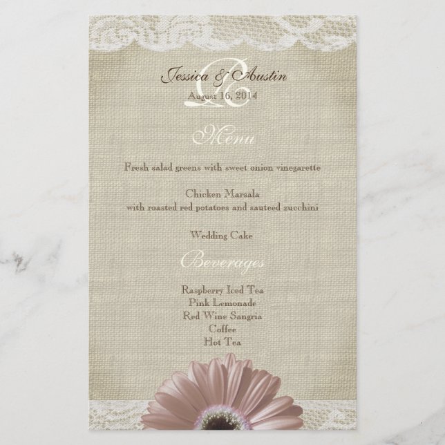 Rustic Vintage Pink Daisy and Lace Menu (Front)