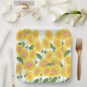 Rustic Vintage Pink Sunflowers Modern White Paper Plate