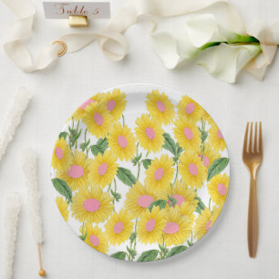 Rustic Vintage Pink Sunflowers Modern White Paper Plate