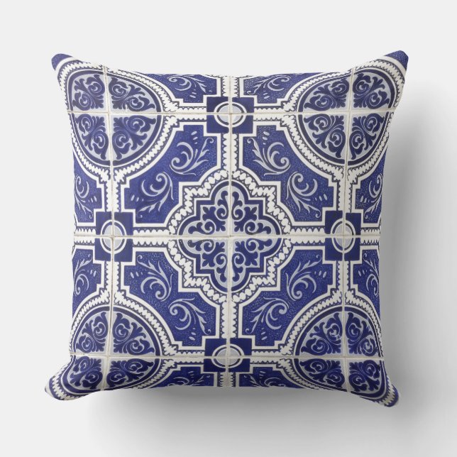 Rustic Vintage Portuguese Tiles Pattern - Azulejo Cushion (Front)