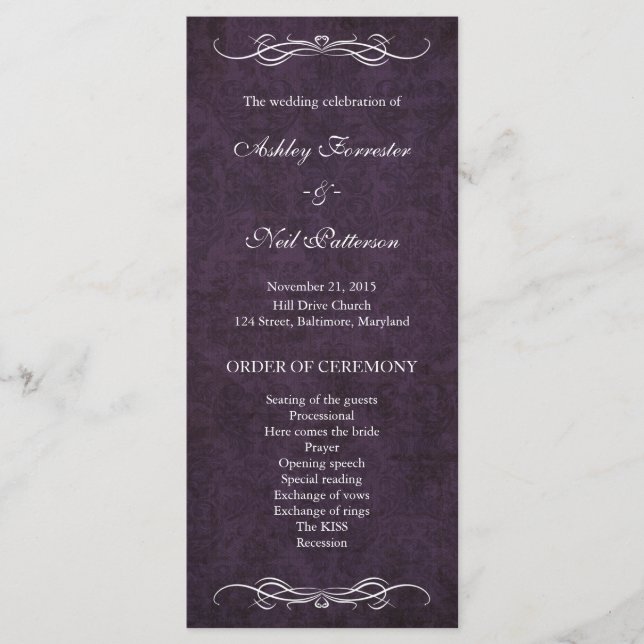Rustic Vintage Purple Damask Wedding Program Programme (Front)