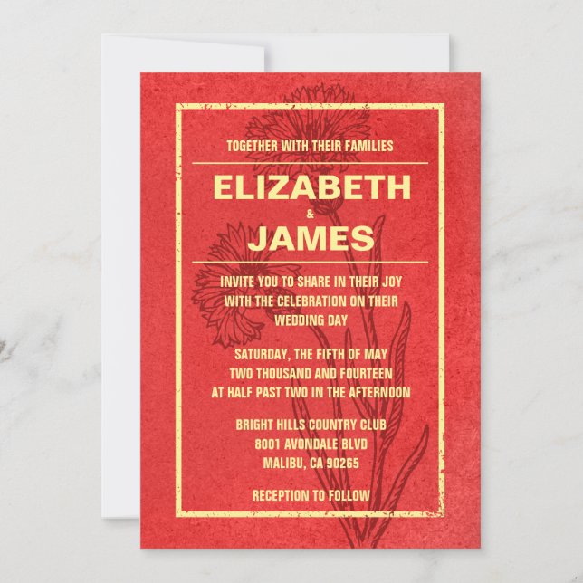 Rustic Vintage Red And Gold Wedding Invitations (Front)