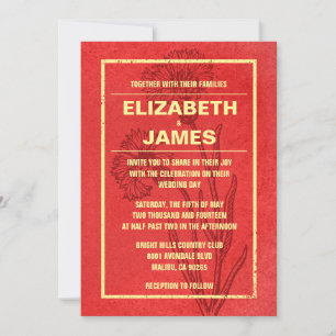 Rustic Vintage Red And Gold Wedding Invitations