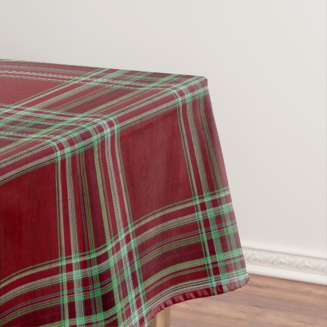 Rustic Vintage Red Green Textured Tartan Plaid  Tablecloth (In Situ)