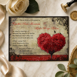 Rustic Vintage Red Heart Tree and Birds Wedding Invitation