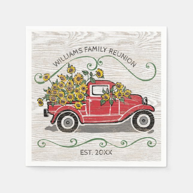 Rustic Vintage Red Truck Sunflowers Family Reunion Napkin (Front)