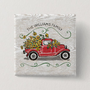 Rustic Vintage Red Truck Sunflowers Monogram 15 Cm Square Badge