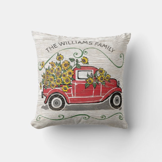 Rustic Vintage Red Truck Sunflowers Monogram Cushion (Front)