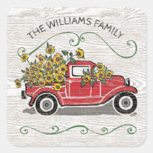 Rustic Vintage Red Truck Sunflowers Monogram Square Sticker