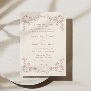Rustic Vintage Rose Floral Line Art Wedding Invitation