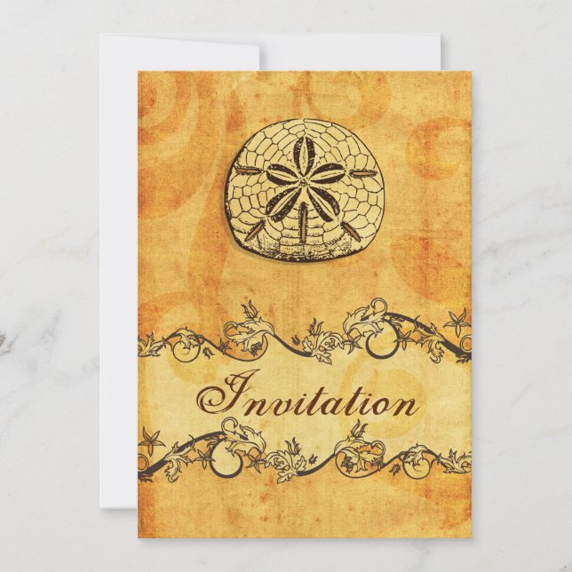 rustic, vintage ,sand dollar beach wedding invites (Front)