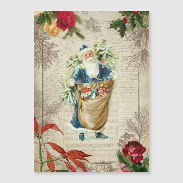 Rustic Vintage Santa w/Flowers, Pine & Music (Front)