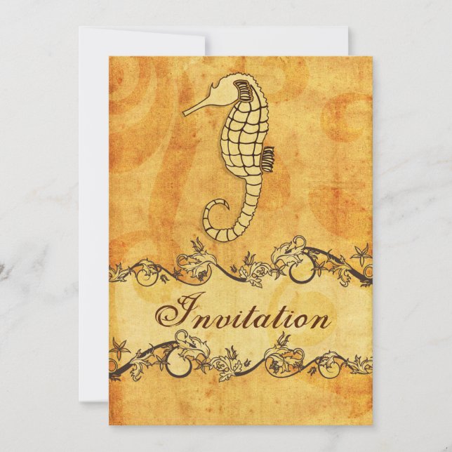 rustic, vintage ,sea horse beach wedding invites (Front)