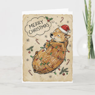 Rustic Vintage Sketch Shiba Inu Christmas Dog Art Card