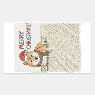 Rustic Vintage Sketch Shiba Inu Christmas Dog Art Rectangular Sticker