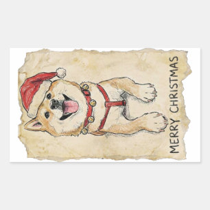Rustic Vintage Sketch Shiba Inu Christmas Dog Art Rectangular Sticker