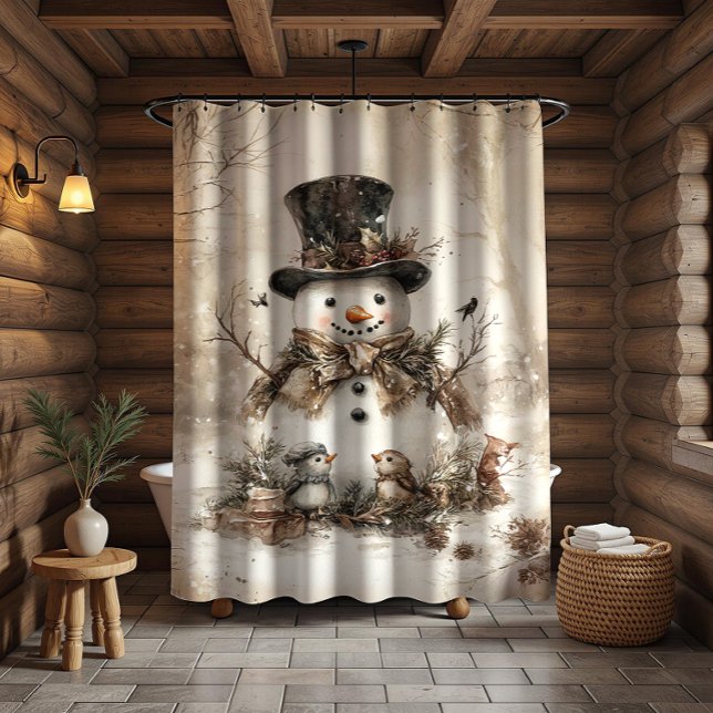 Rustic Vintage Snowman Birds Winter Scene |  Shower Curtain (Creator Uploaded)