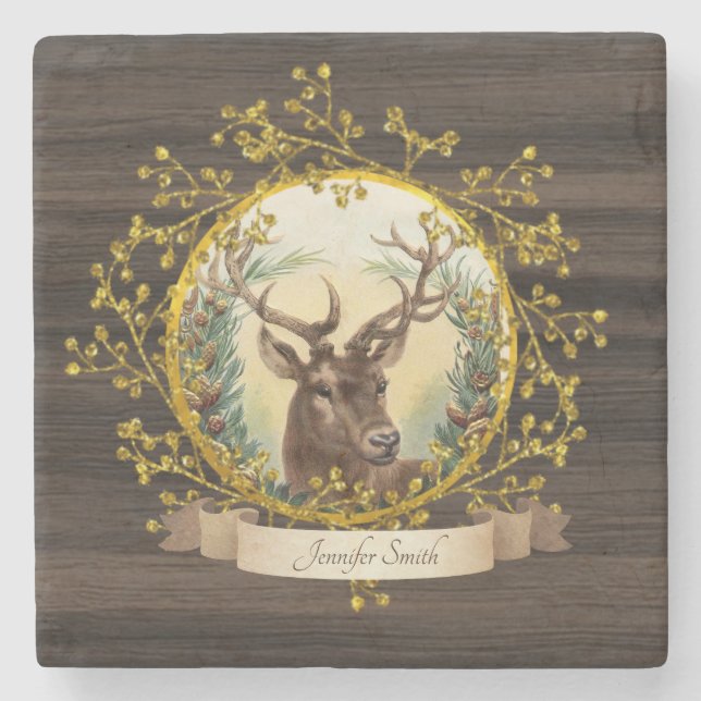 Rustic Vintage STAG Personalised Stone Coaster (Front)