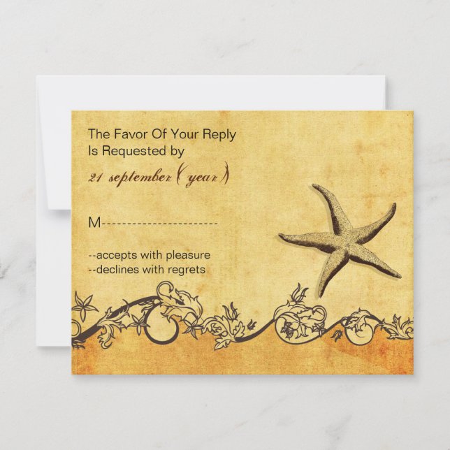 rustic, vintage ,starfish beach wedding rsvp card (Front)