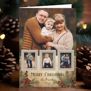 Rustic Vintage Style Four-Photo Christmas Floral Holiday Card